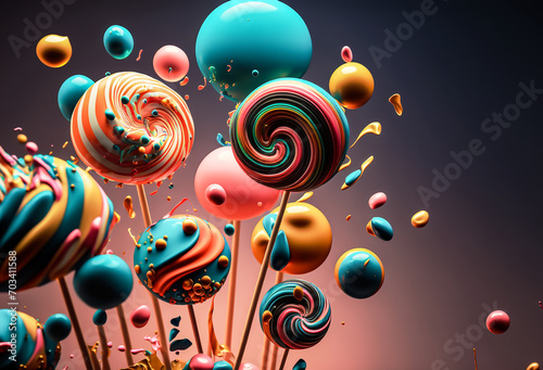 Candies and lollipops on a colored background, Top view. Generative AI © zenobillis