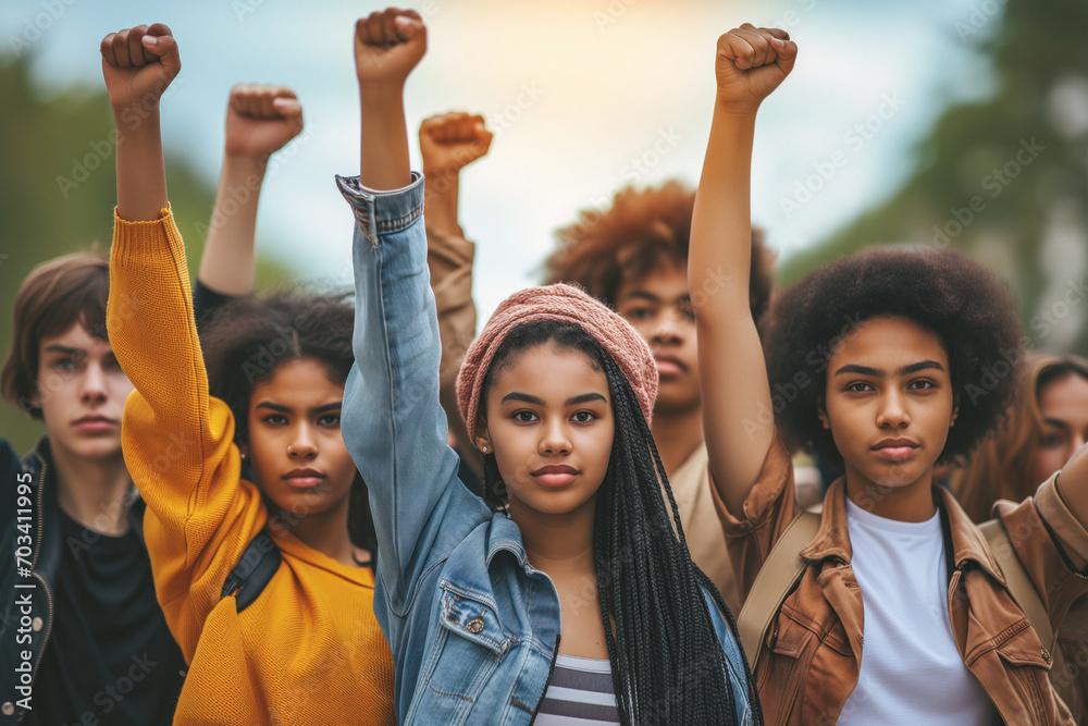 Raising fists towards a better future: Multiracial youth in an act of empowerment outdoors on International Women's Day. - obrazy, fototapety, plakaty 