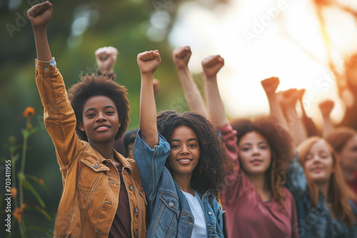 Multiracial youth raise their fists outdoors, a symbol of resistance and optimism, collective strength: A gesture of empowerment and positive aspirations at a March 8th demonstration. © SnapVault