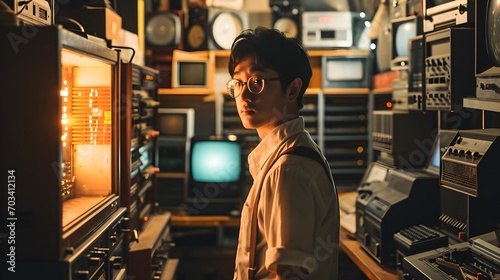 A young Asian man in a beige shirt and glasses stands in a room full of vintage electronic devices and monitors, with a contemplative expression.