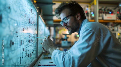 A bearded Caucasian man with glasses intensely studies a complex electrical diagram on a light board in a technical lab setting.