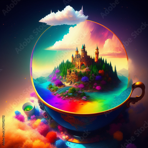 Fantasy art rainbow tea cup. Generative AI
