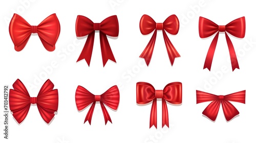 A set of bows made of red ribbon. Different decor for packing boxes.