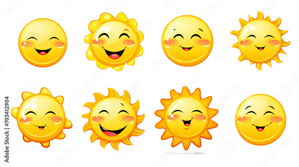 A set of illustrative images of the sun with emoticons on a white background.