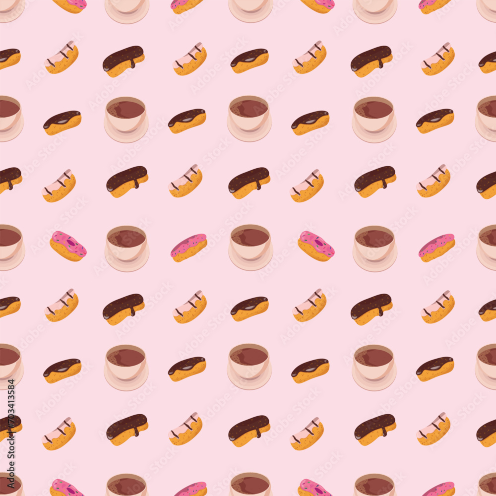Sweet donuts and cup of coffee seamless pattern