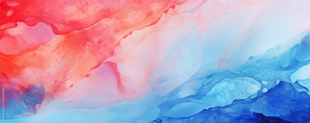 Abstract watercolor paint background by tomato red and cornflower blue with liquid fluid texture for background