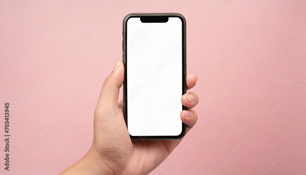 Hand using smartphone with blank screen, isolated on pink background