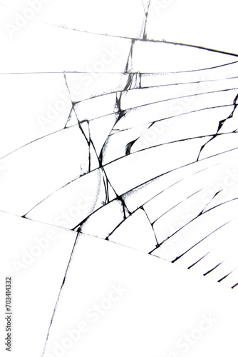 Crack lines of a broken smartphone screen, texture on a white background