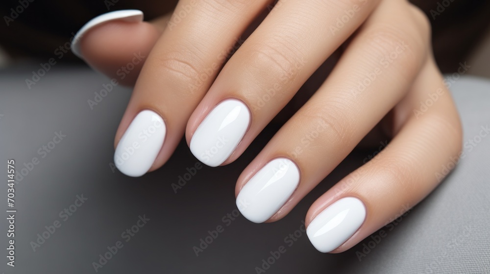 Close-up of a woman's hand with a delicate white manicure on a gray background, fingers and nails, Beauty, cosmetics, makeup concepts. Close-up of a woman's hand with a delicate white manicure on a gray background, fingers and nails, Beauty, cosmetics, makeup concepts.