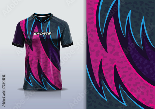 T-shirt mockup with abstract line jersey design for football, soccer, racing, esports, running, in pink blue color 