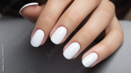 Close-up of a woman's hand with a delicate white manicure on a gray background, fingers and nails, Beauty, cosmetics, makeup concepts.