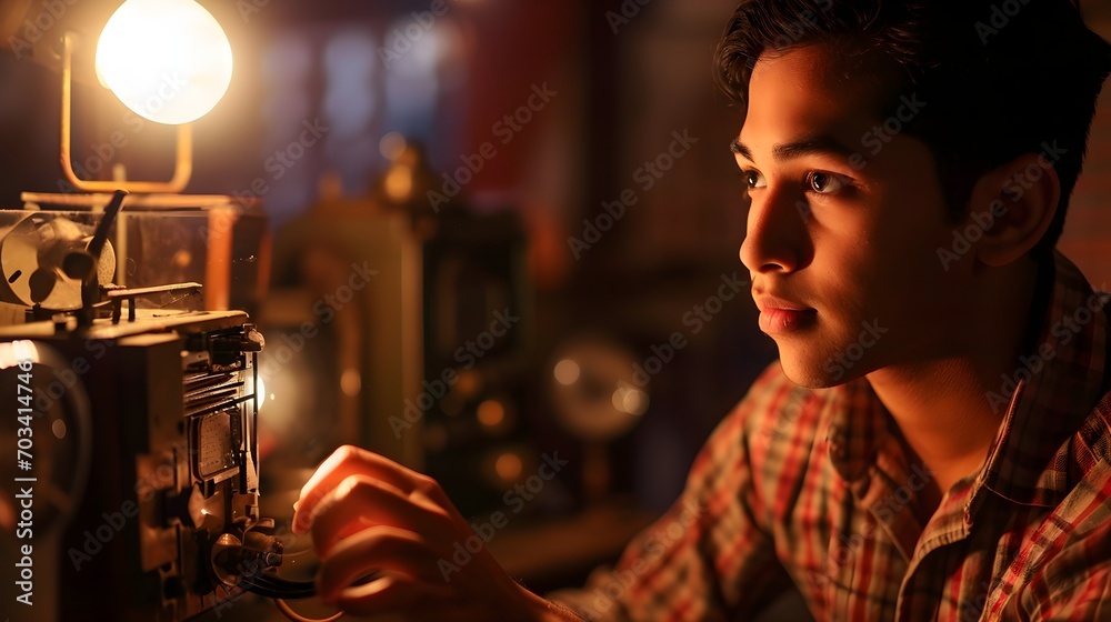 A young man in a checkered shirt attentively repairs an old film projector under a warm light.