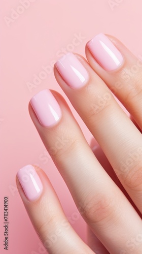 Close-up of a woman s hand with a delicate pink manicure. Beauty  cosmetics  makeup concepts.