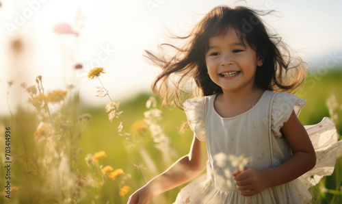 Joyful Little Girl Twirling in a Field of Wildflowers - Radiant Smiles Amidst Nature's Beauty.