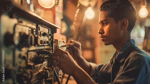 A focused young man in a denim shirt meticulously works on an electronic device in a cozy workshop.