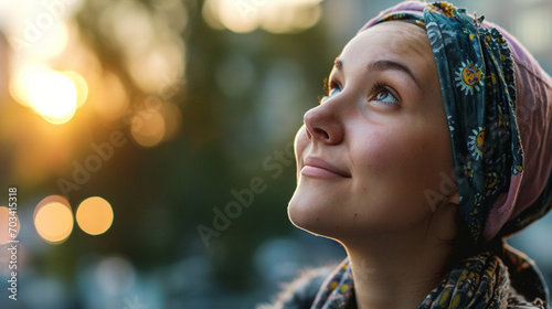 A young adult with cancer wearing a headscarf, gazing upward with optimism, cancer, blurred background, with copy space