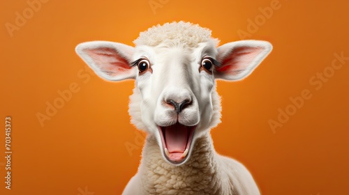 cute emotional sheep looking surprised, reacting  impressed, standing over yellow background. Generative AI photo