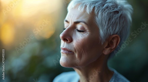 A person with cancer meditating peacefully, eyes closed with a hopeful expression, cancer, blurred background, with copy space