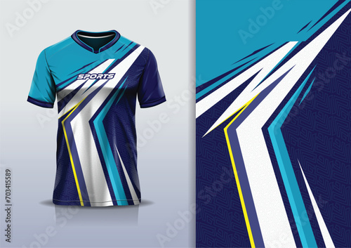 T-shirt mockup with abstract stripe line racing jersey design for football, soccer, racing, esports, running, in blue color 