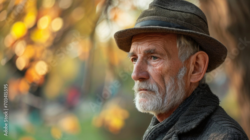 An elderly man with cancer walking in the park, his eyes showing determination and hope, cancer, blurred background, with copy space