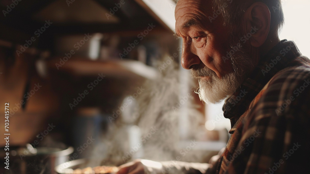 A man with cancer cooking a meal, his eyes showing enjoyment and hope for the future, cancer, blurred background, with copy space