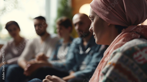A group of cancer patients in a therapy session, sharing stories and hope, cancer, blurred background, with copy space