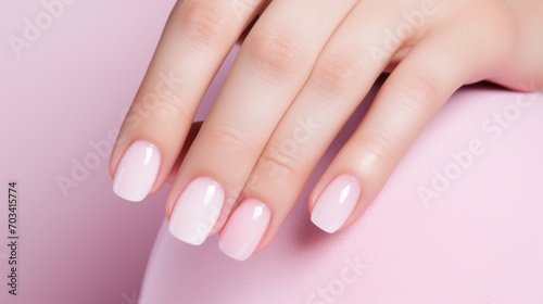 Close-up of a woman s hand  fingers with a delicate minimalistic manicure on a pink background. Beauty  cosmetics  makeup concepts.