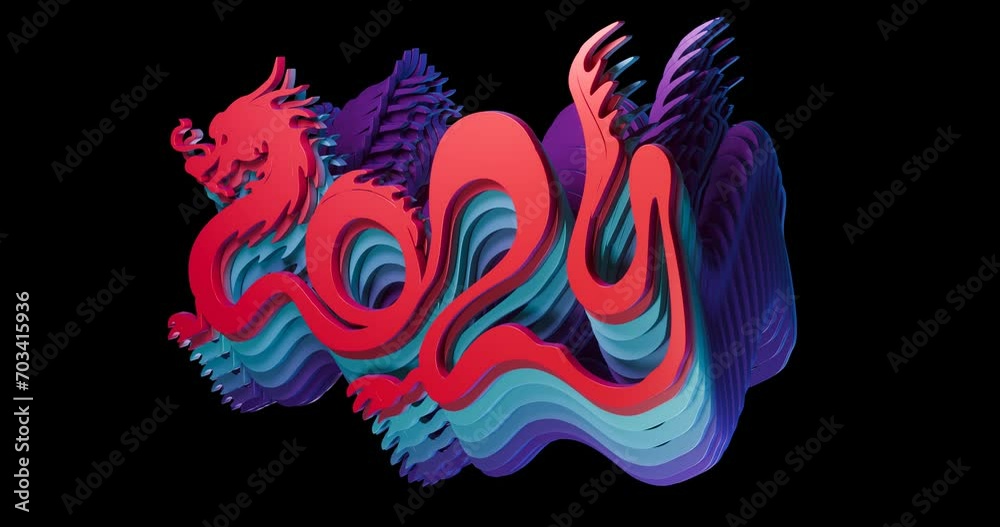 Red blue dragon in shape of 2024 on black background, Chinese New Year animation Red blue dragon in shape of 2024 on black background, Chinese New Year animation