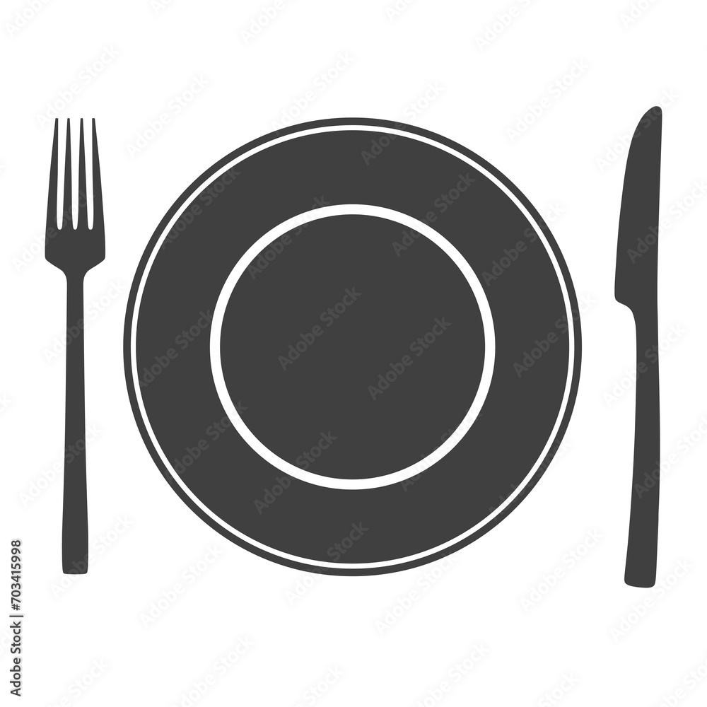 Icon of plate with fork and knife, symbol, sign isolated on white background. Icon of plate with fork and knife, symbol, sign isolated on white background.