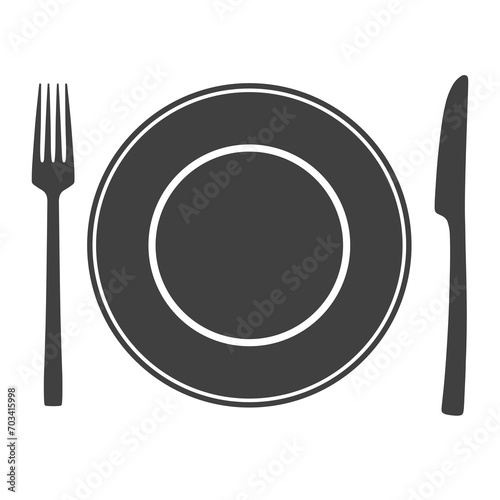 Icon of plate with fork and knife, symbol, sign isolated on white background.