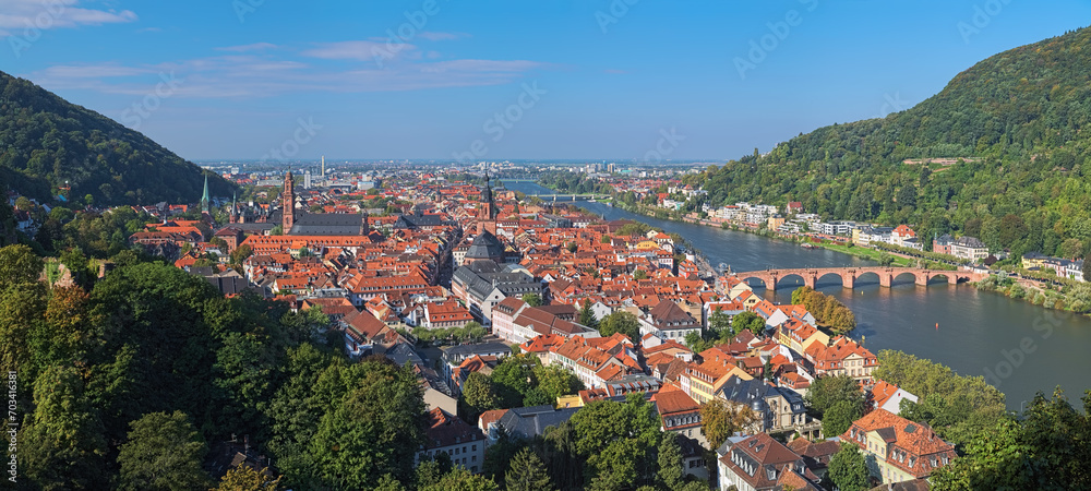 Heidelberg, Germany. High angle view over the Heidelberg Old Town with Jesuit Church, Church of the Holy Spirit and Old Bridge (Karl Theodor Bridge) across the Neckar river.