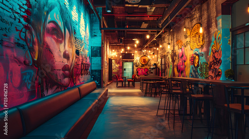 Interior of a urban city colorful bar pub club with graffiti decoration on the wall photo