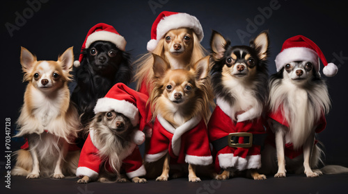 Many small dogs in Santa clause costume no background
