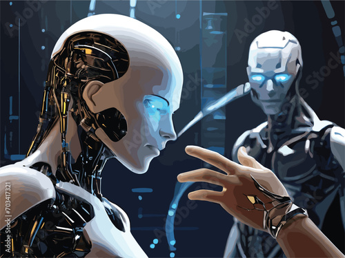 "Design a detailed and futuristic vector scene where the hands of a robot and a human delicately touch, creating a connection with DNA strands in a virtual interface. Illustrate the seamless integrati