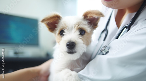 Close-up of cute dog on table in vet clinic photo