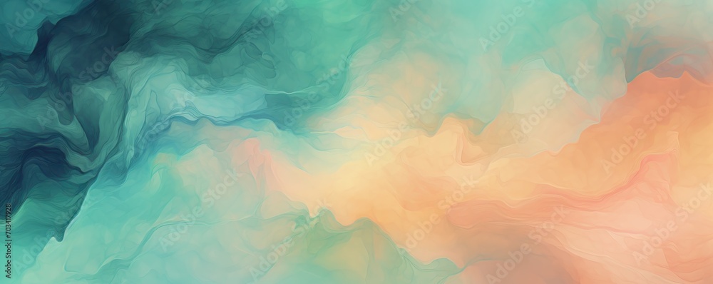 Abstract watercolor paint background by dark sea green and peach puff with liquid fluid texture for background, banner 