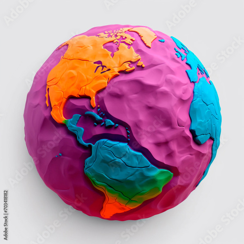Planeta terra, feito de clay, cores alegres nas representações dos paises e continentes.
Ilustração de design de renderização 3D. photo