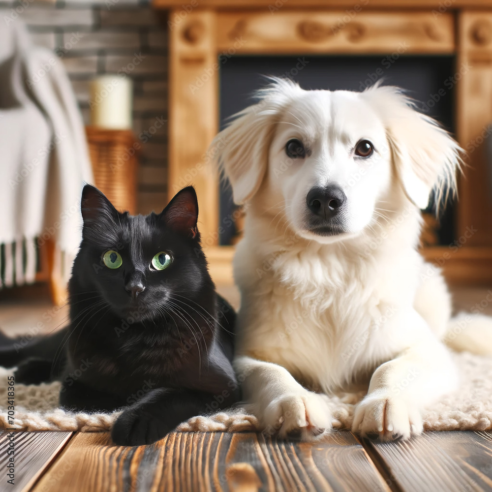 black cat and white dog