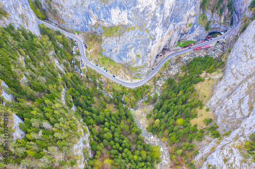 Aerial view of a spectacular canyon and road in Romanian Carpahians.