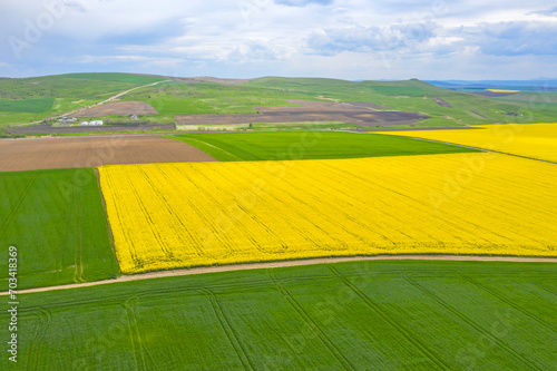 Aerial view of agriculture fields during spring