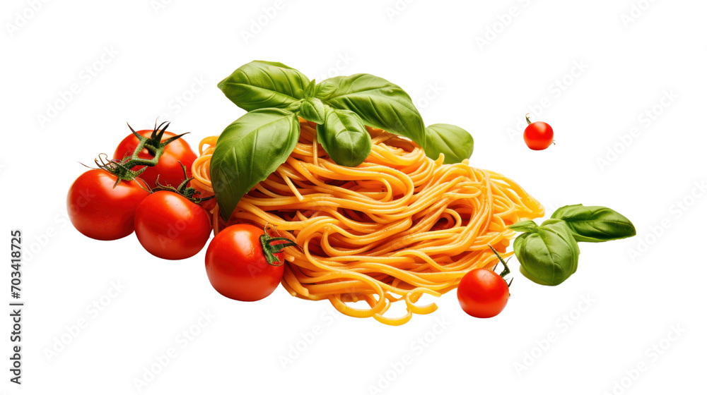 Traditional Italian linguini pasta with tomatoes isolated on transparent and white background.PNG image.