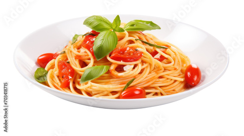 Traditional Italian linguini pasta with tomatoes isolated on transparent and white background.PNG image.