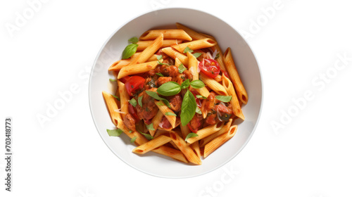 Top-down view. Penne with meat, tomato sauce and vegetables isolated on a white background. 