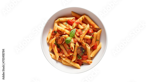 Top-down view. Penne with meat, tomato sauce and vegetables isolated on a white background. 