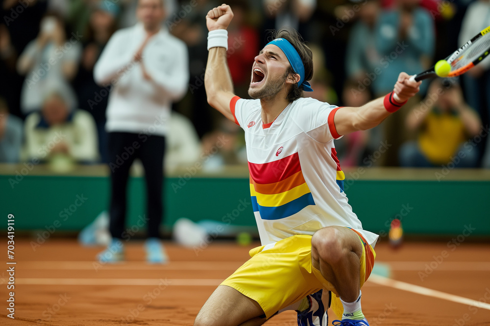 A tennis player rejoices, cheers, raises up a tennis racket, falls on his knees on the tennis court, expressing joyful emotions after a winning stroke.