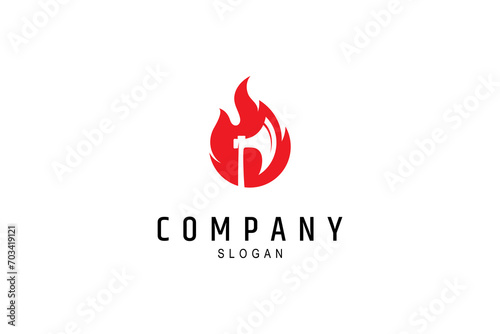 Axe logo with burning flame combination flat template design vector style