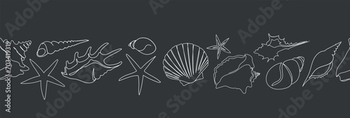 Seashells seamless border with chalk on a black board.. Summer tropical ocean beach style.