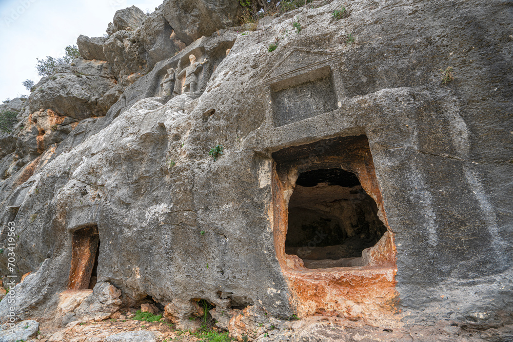 The amazing views from The Çanakçı Rock Tombs, which are a group of rock-carved tombs in Mersin Province, Turkey, right beside Kanlıdivane.