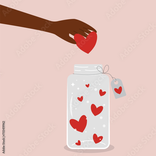 Vector clipart hand holding a heart in a jar with hearts