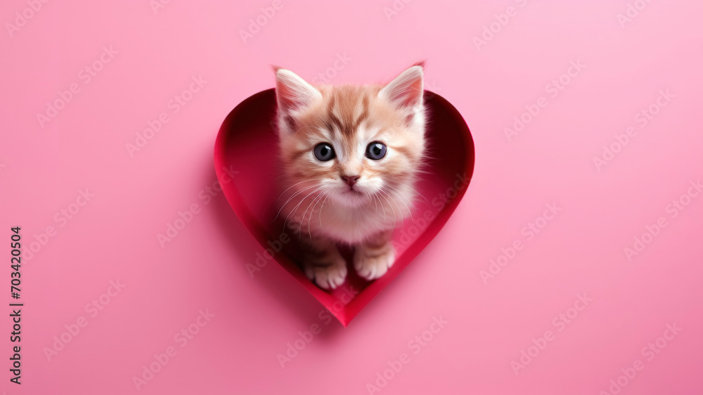 A cute and attractive kitten surrounded by a red heart on a pink background - obrazy, fototapety, plakaty 